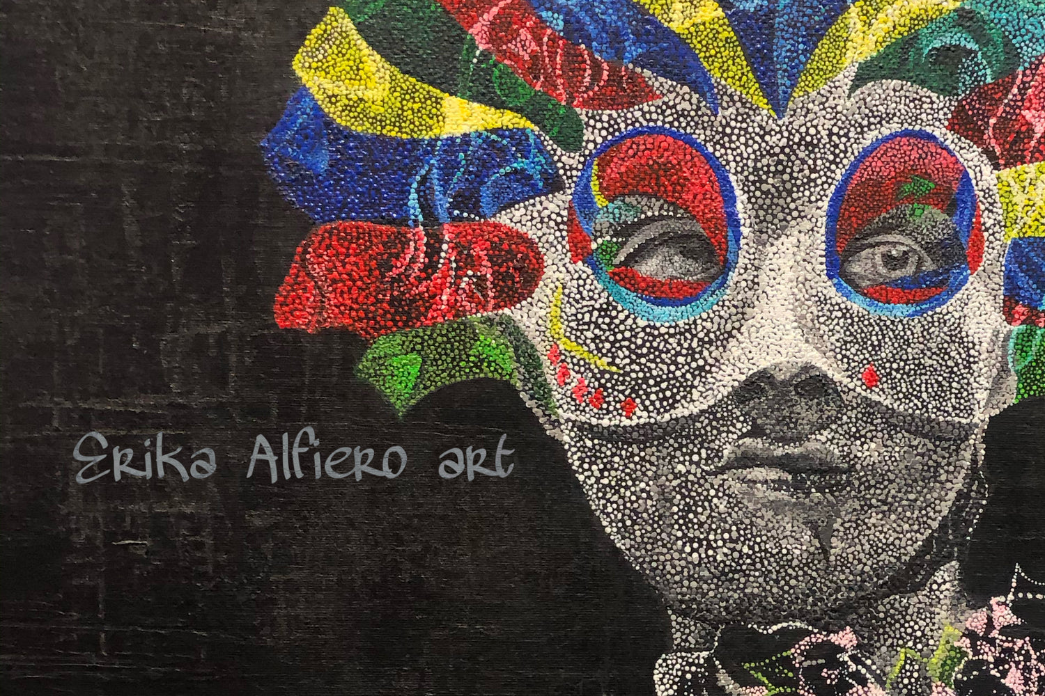 Obra de arte titulada "Recuerdos Mágicos", elaborada con la técnica de puntillismo, inspirada en el arte tradicional Huichol.